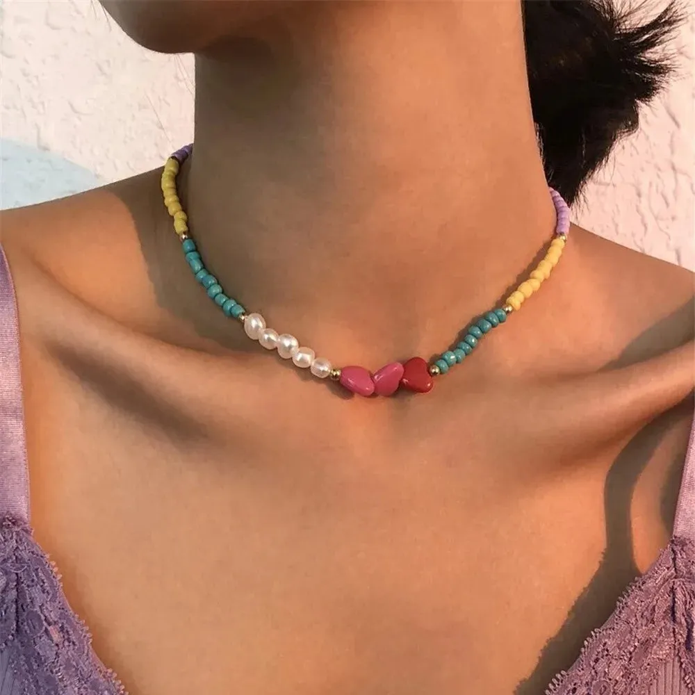 Boho Choker Simple Vintage Red Heart Shape Necklace For Women Fashion Collar Beads Jewelry Party Gift