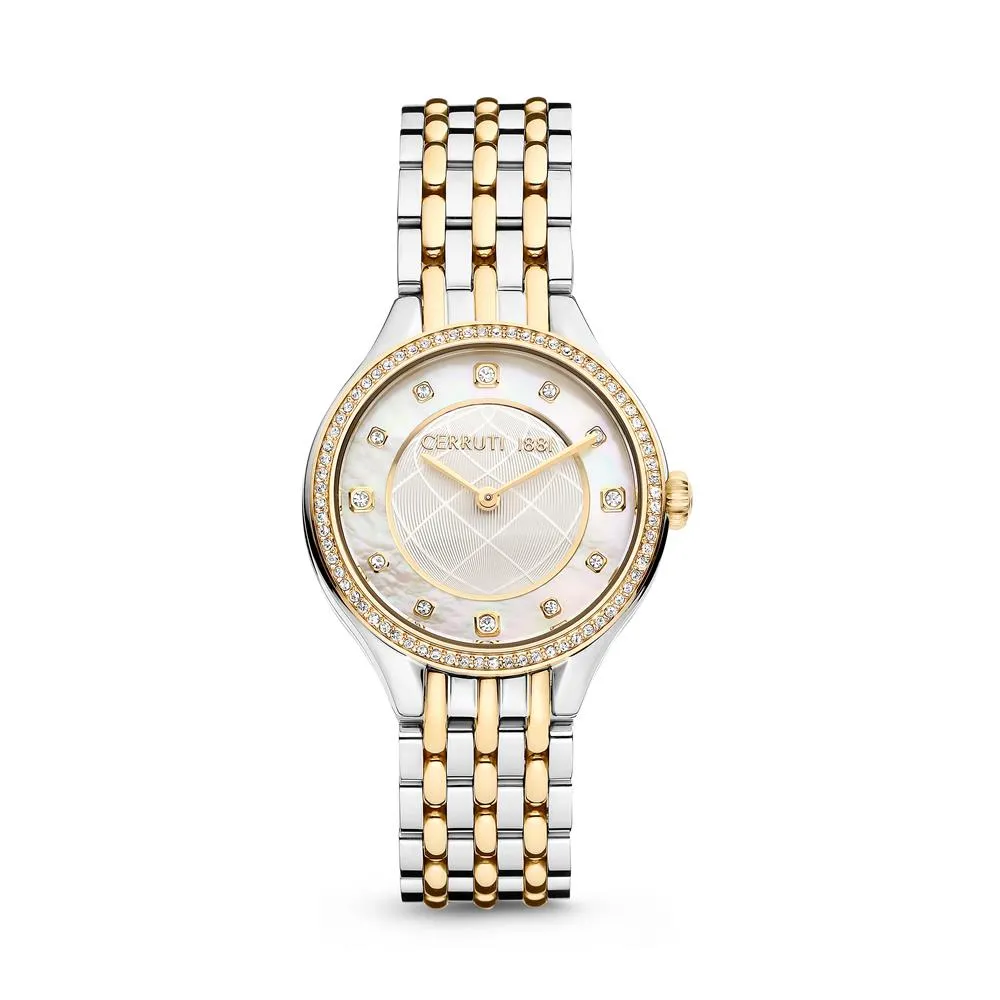 Cerruti Ladies Watch Stainless Steel/Gold Plated Cas W/Stnes Wht Mop Dial Stainless Steel/Gold Plated Mtl