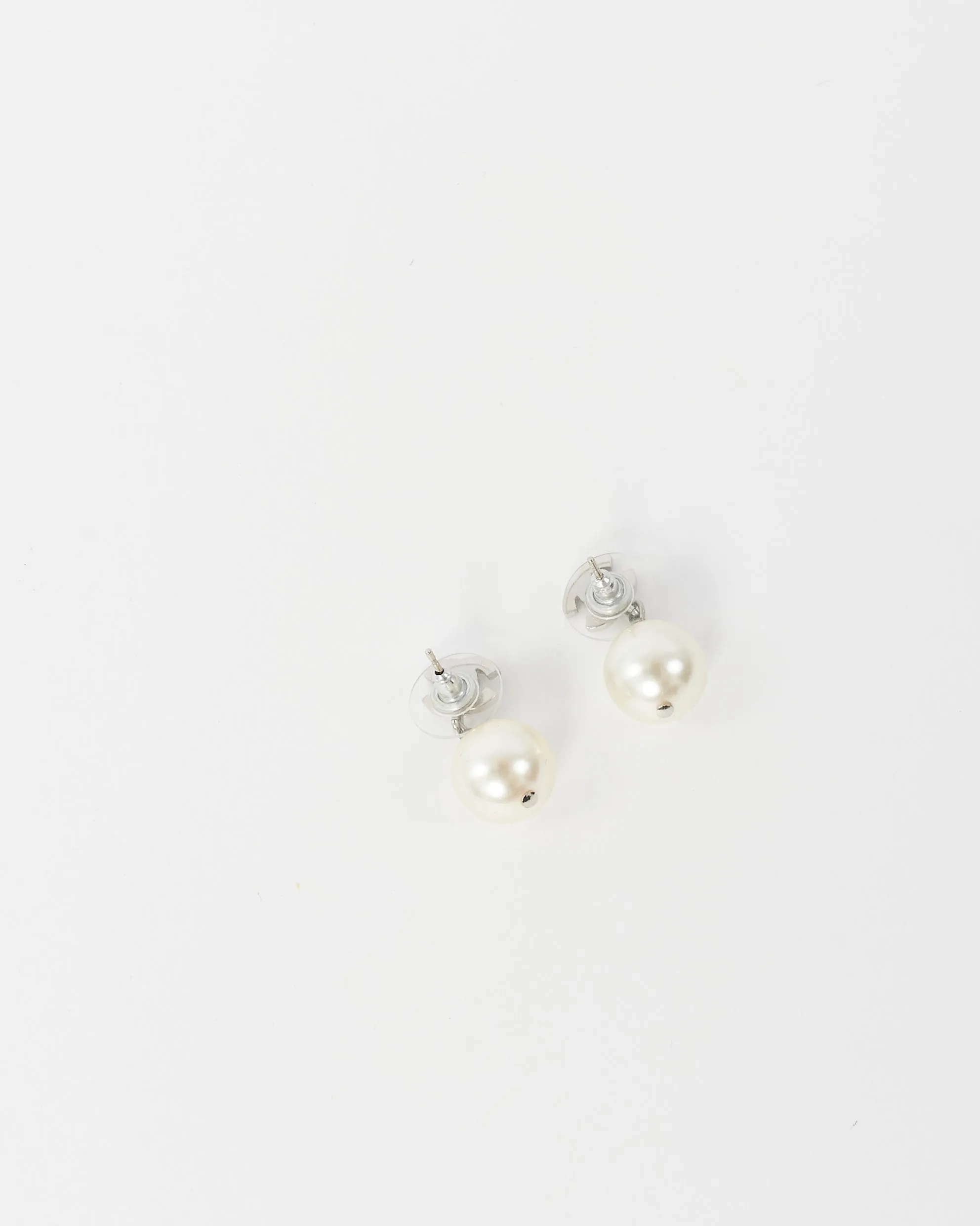 Chanel Silver Pavé Logo Pearl Dangle Earrings