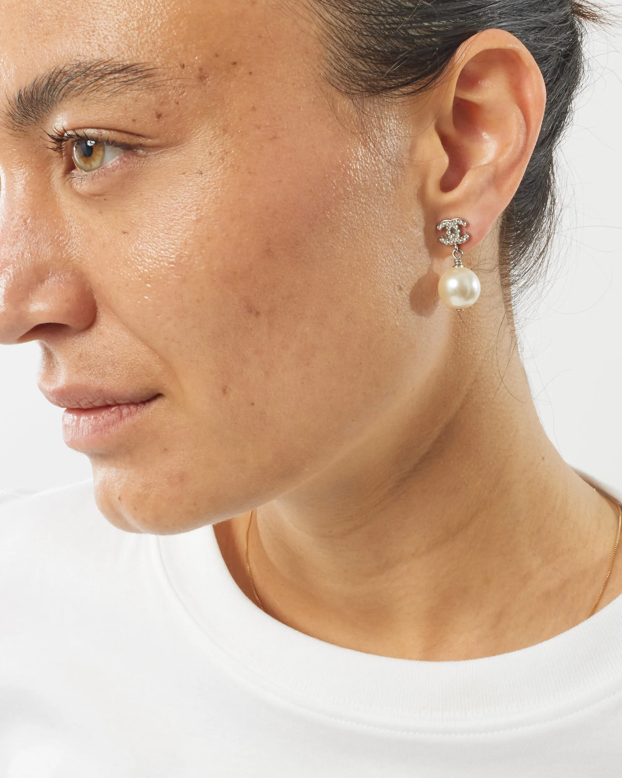Chanel Silver Pavé Logo Pearl Dangle Earrings
