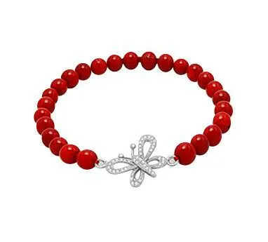 Children's Bracelets:  Sterling Silver, Red Coral Ball Bracelets with CZ Encrusted Butterfly NOW HALF PRIC