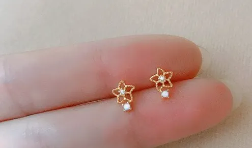 Children's Earrings:  Fairy Kisses Earrings with Push Backs - Star Flower with Dew Drop