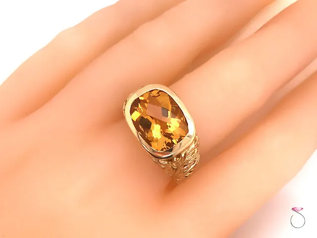 Citrine Cushion Cut Designer Ring with Leaf Motif