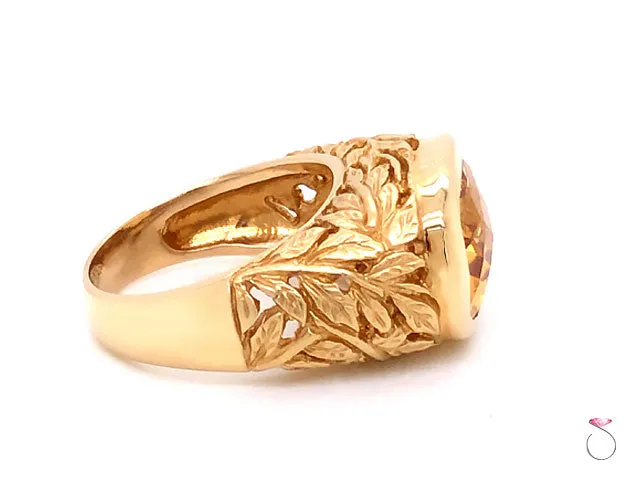Citrine Cushion Cut Designer Ring with Leaf Motif