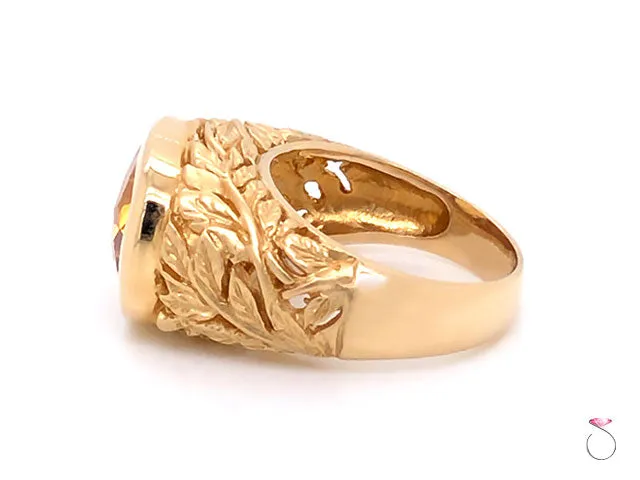Citrine Cushion Cut Designer Ring with Leaf Motif