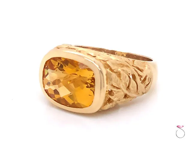 Citrine Cushion Cut Designer Ring with Leaf Motif