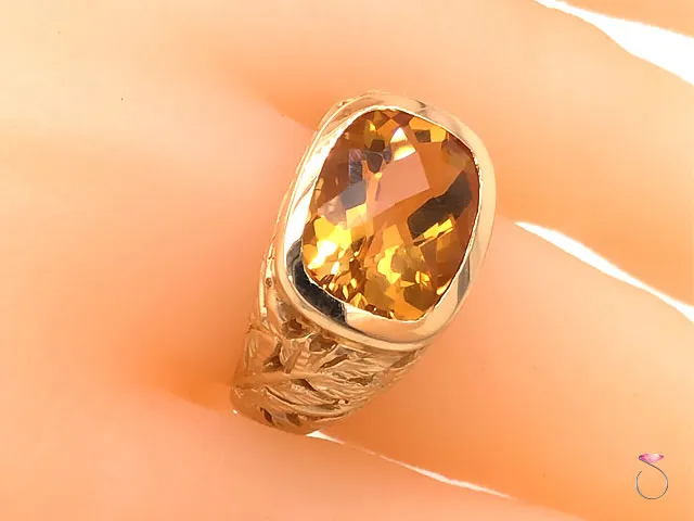 Citrine Cushion Cut Designer Ring with Leaf Motif
