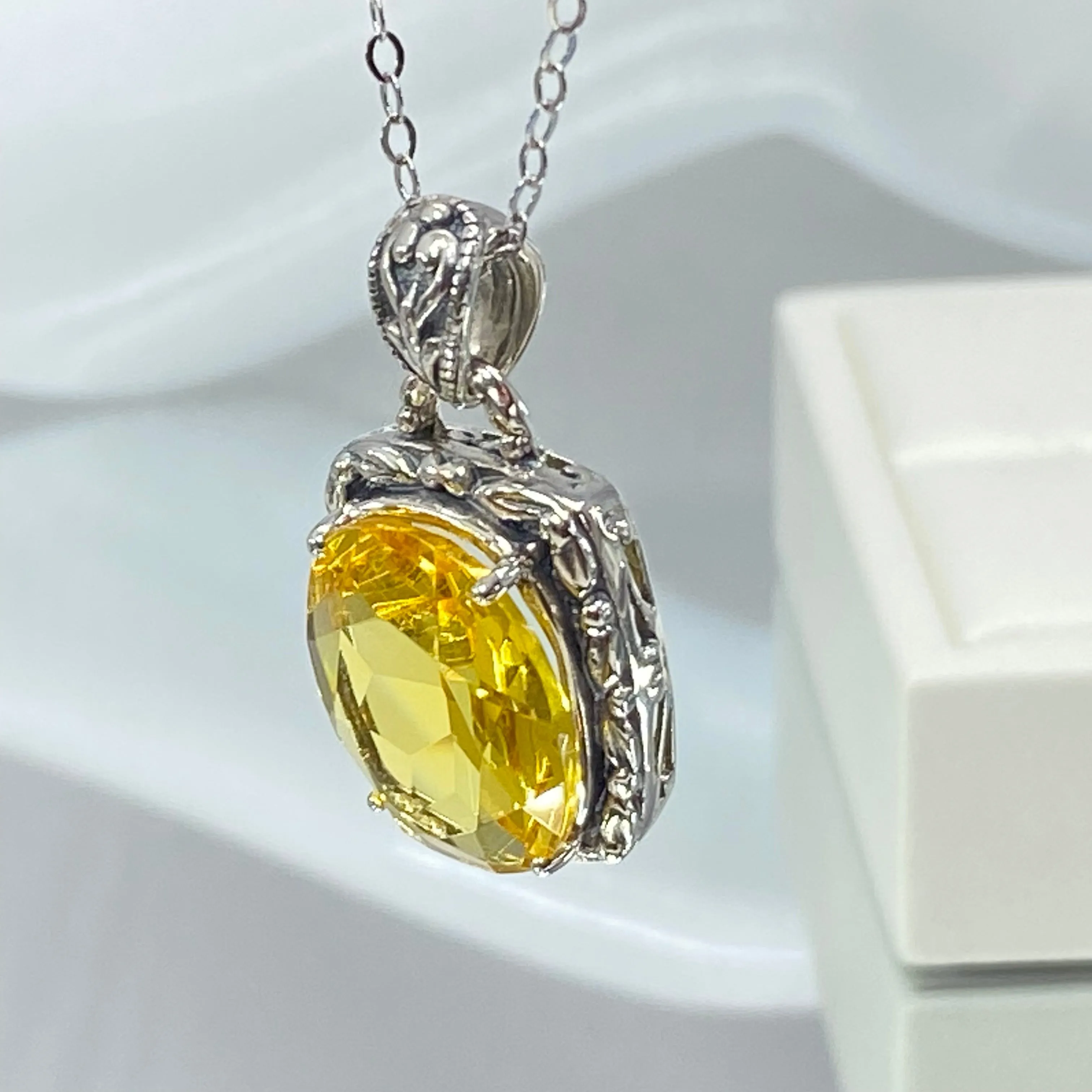 Citrine Pendant, Yellow Art Nouveau Necklace #P120