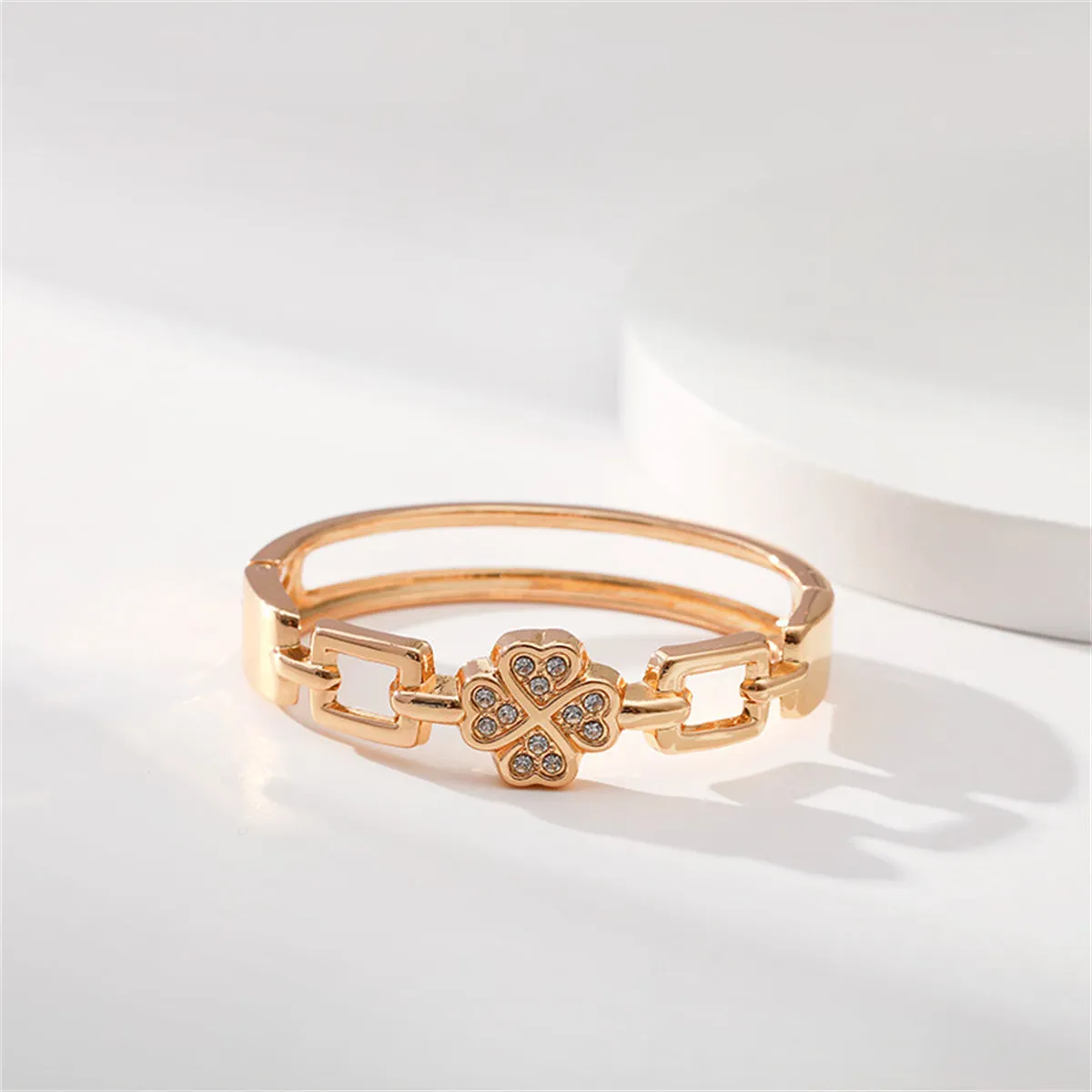 Clear Cubic Zirconia & 18K Gold-Plated Clover Charm Bangle