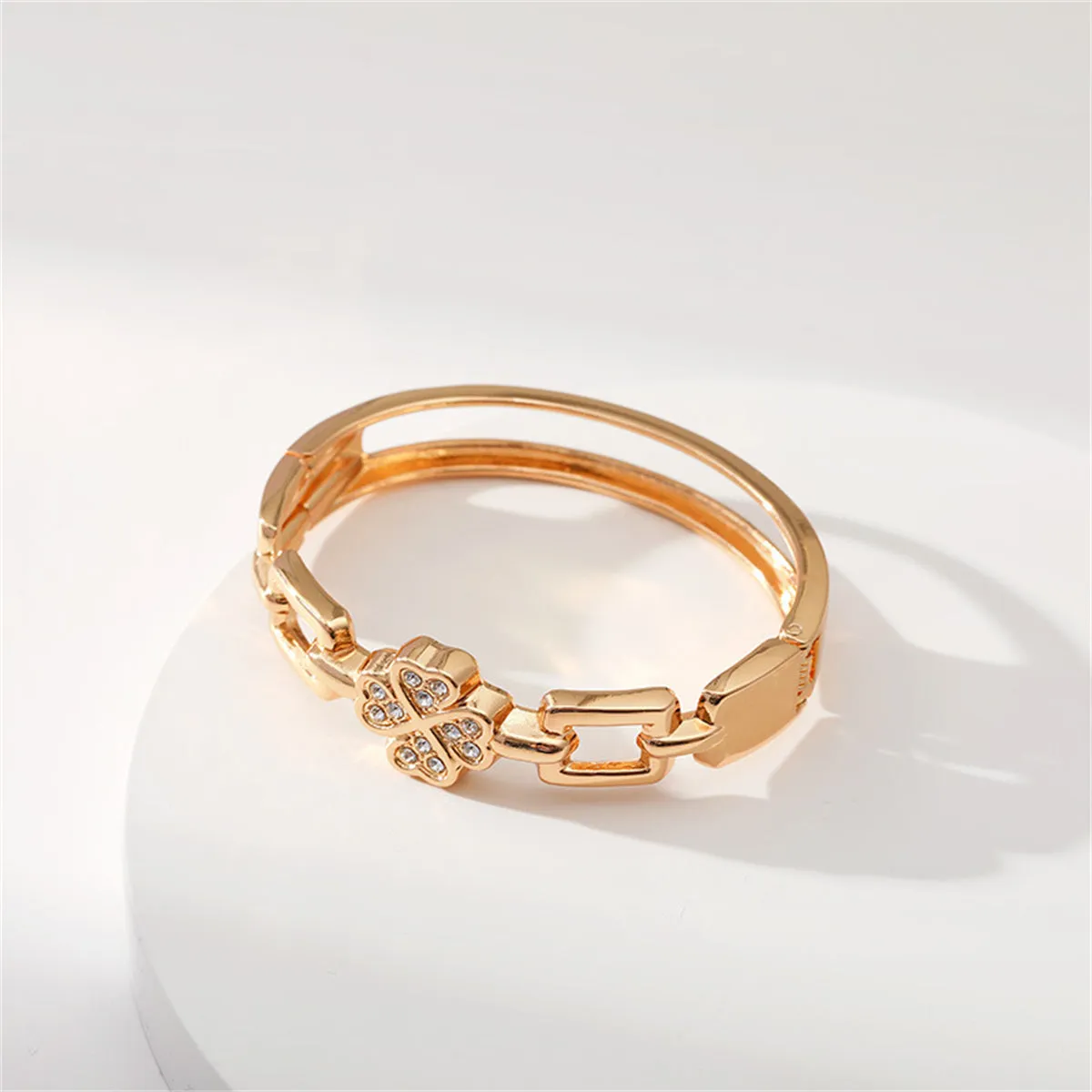 Clear Cubic Zirconia & 18K Gold-Plated Clover Charm Bangle