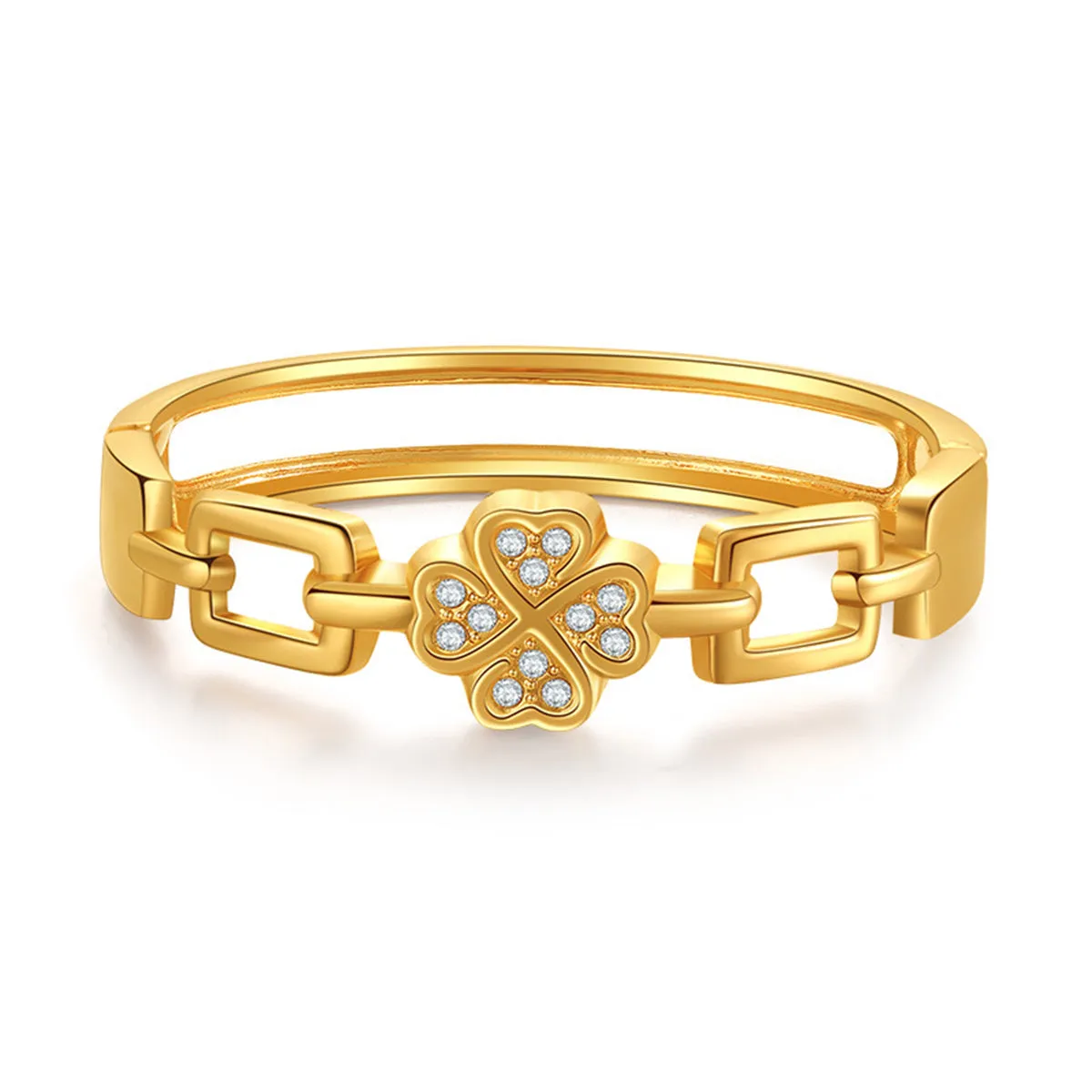 Clear Cubic Zirconia & 18K Gold-Plated Clover Charm Bangle