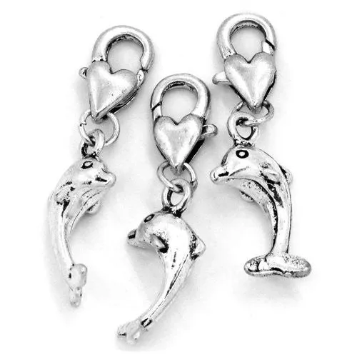 Clip on Dolphin Charm Pendant for European Jewelry w/ Lobster Clasp