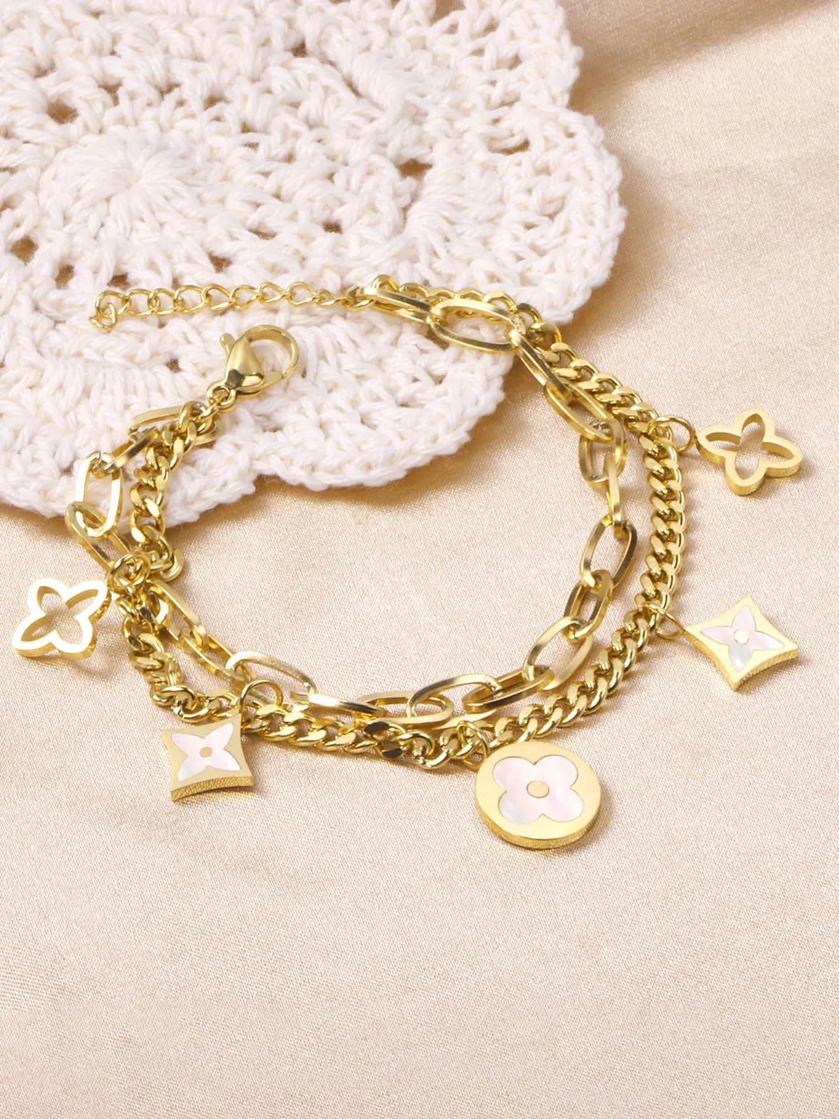 Clover Charm Layered Chain Bracelet - FD ⚡