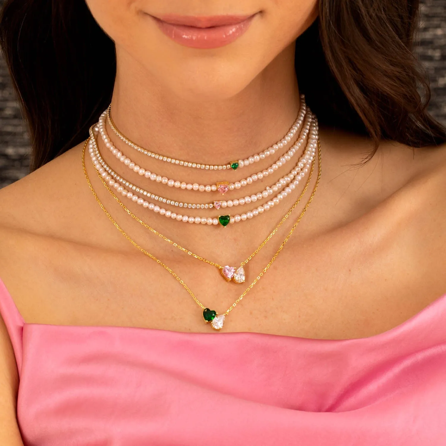 Colored CZ Heart Pearl Choker