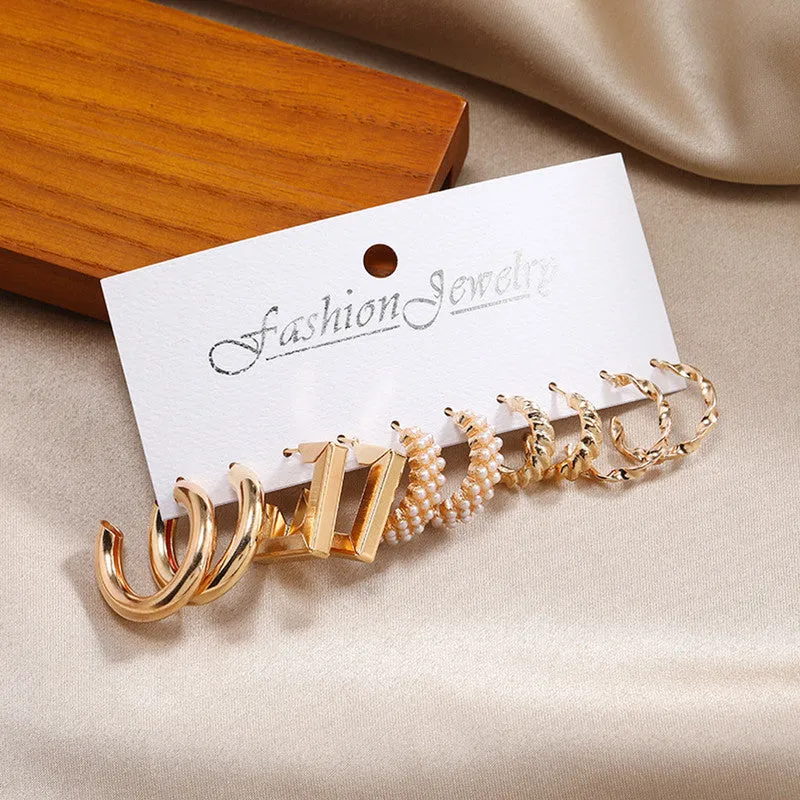 Combo of 5 Pair Geometric Twisted Pearl Hoop Earrings
