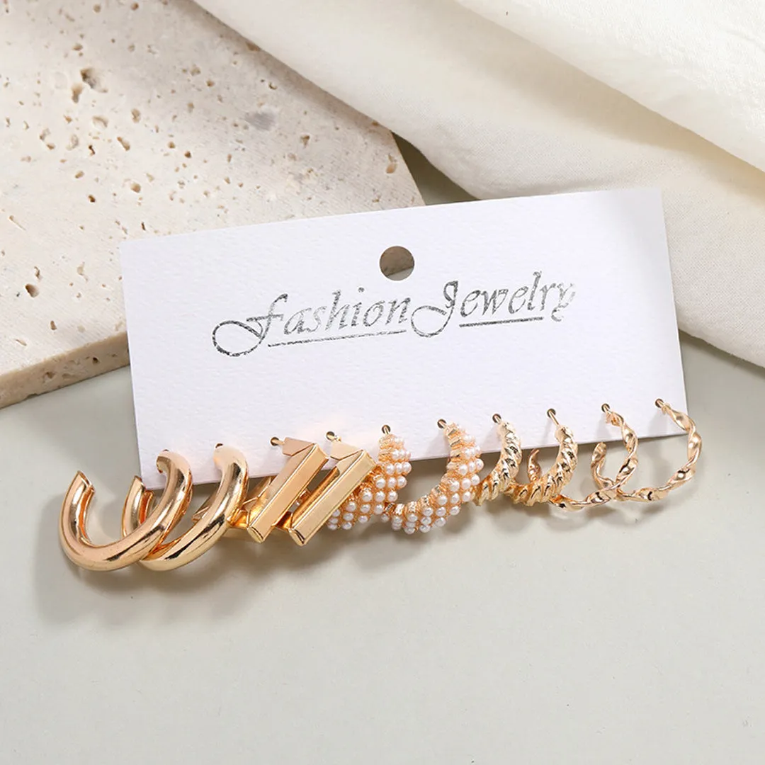 Combo of 5 Pair Geometric Twisted Pearl Hoop Earrings