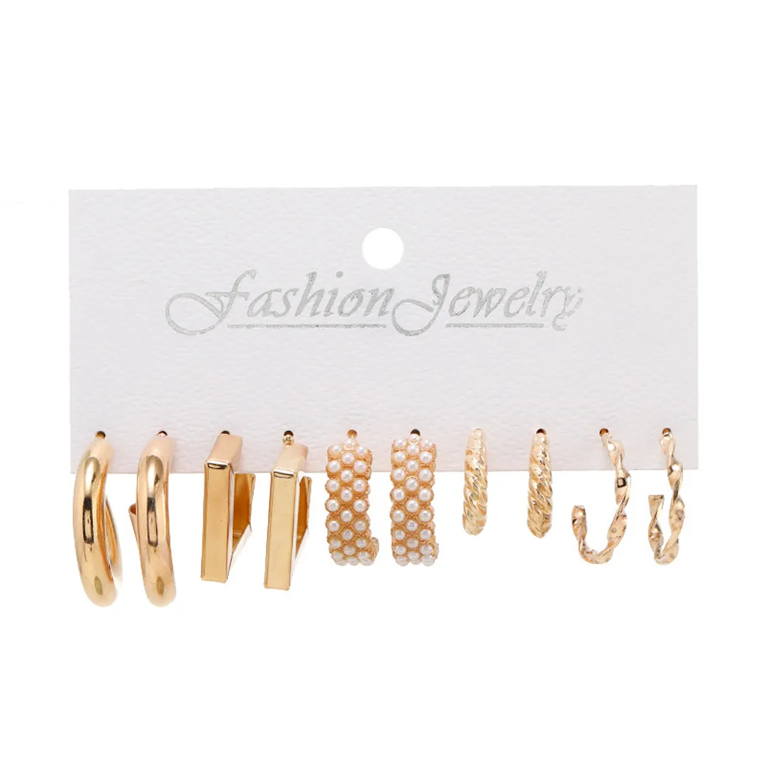 Combo of 5 Pair Geometric Twisted Pearl Hoop Earrings
