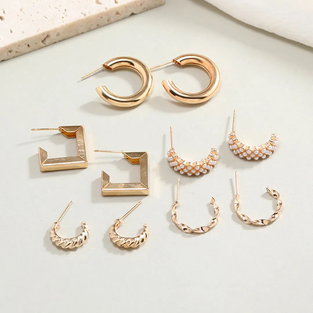 Combo of 5 Pair Geometric Twisted Pearl Hoop Earrings
