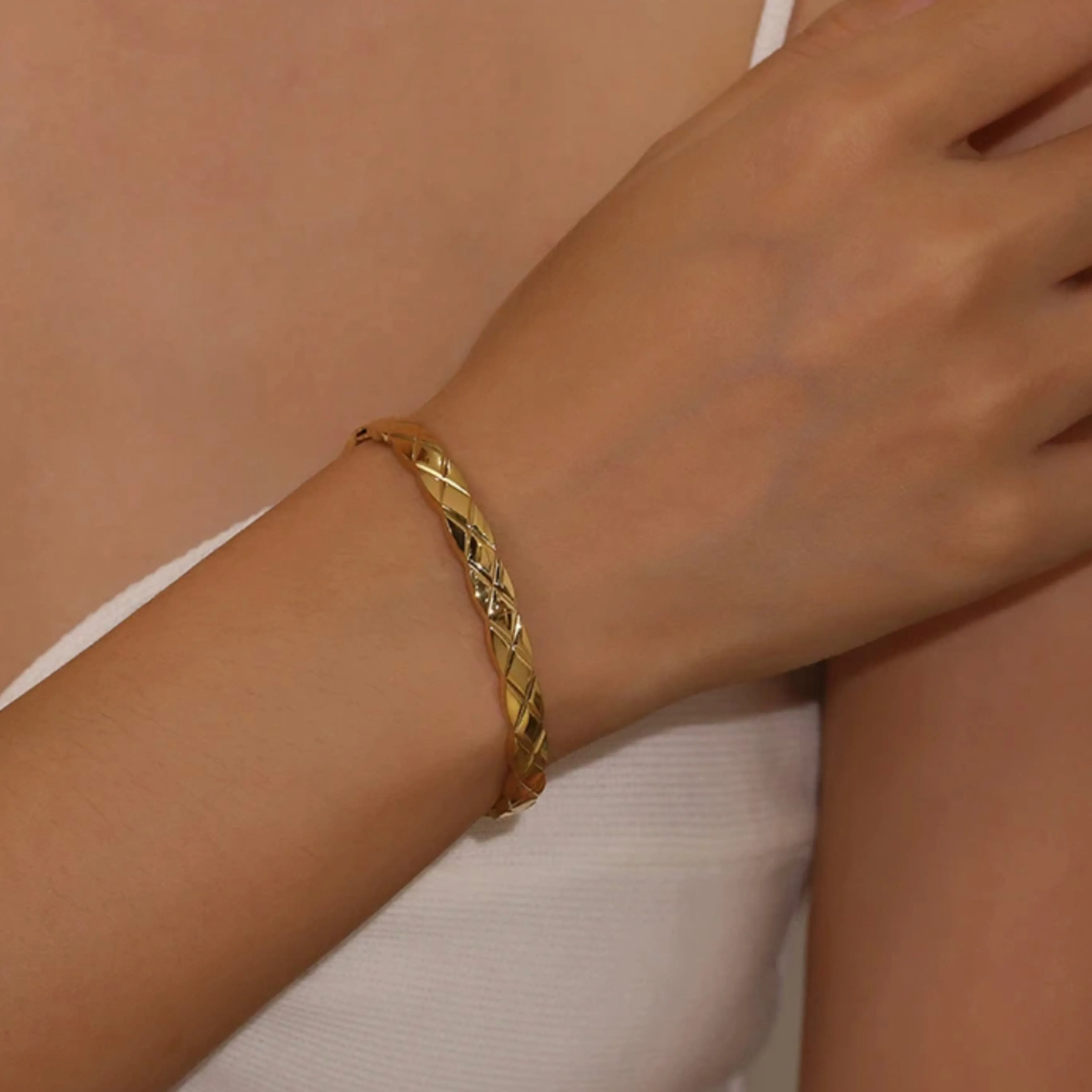 Cross check pattern Bangle Bracelet - 18K Gold Plated