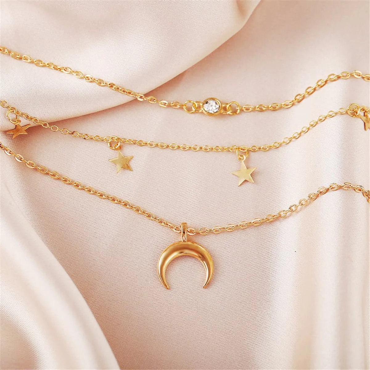 Cubic Zirconia & 18K Gold-Plated Moon & Star Layer Necklace