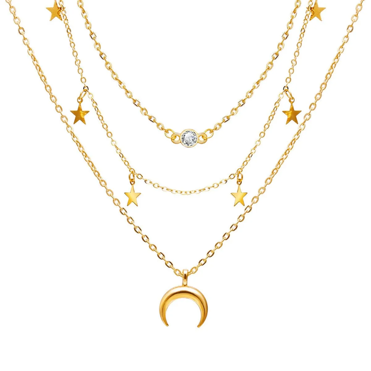 Cubic Zirconia & 18K Gold-Plated Moon & Star Layer Necklace