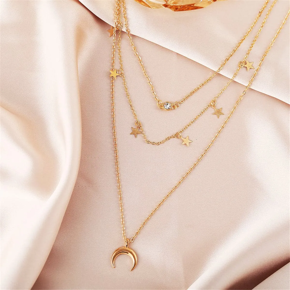 Cubic Zirconia & 18K Gold-Plated Moon & Star Layer Necklace