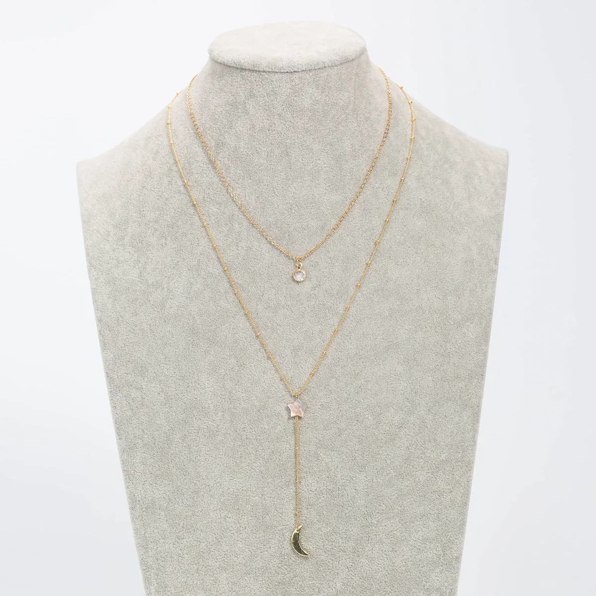 Cubic Zirconia & Shell 18K Gold-Plated Celestial Layered Lariat Necklace