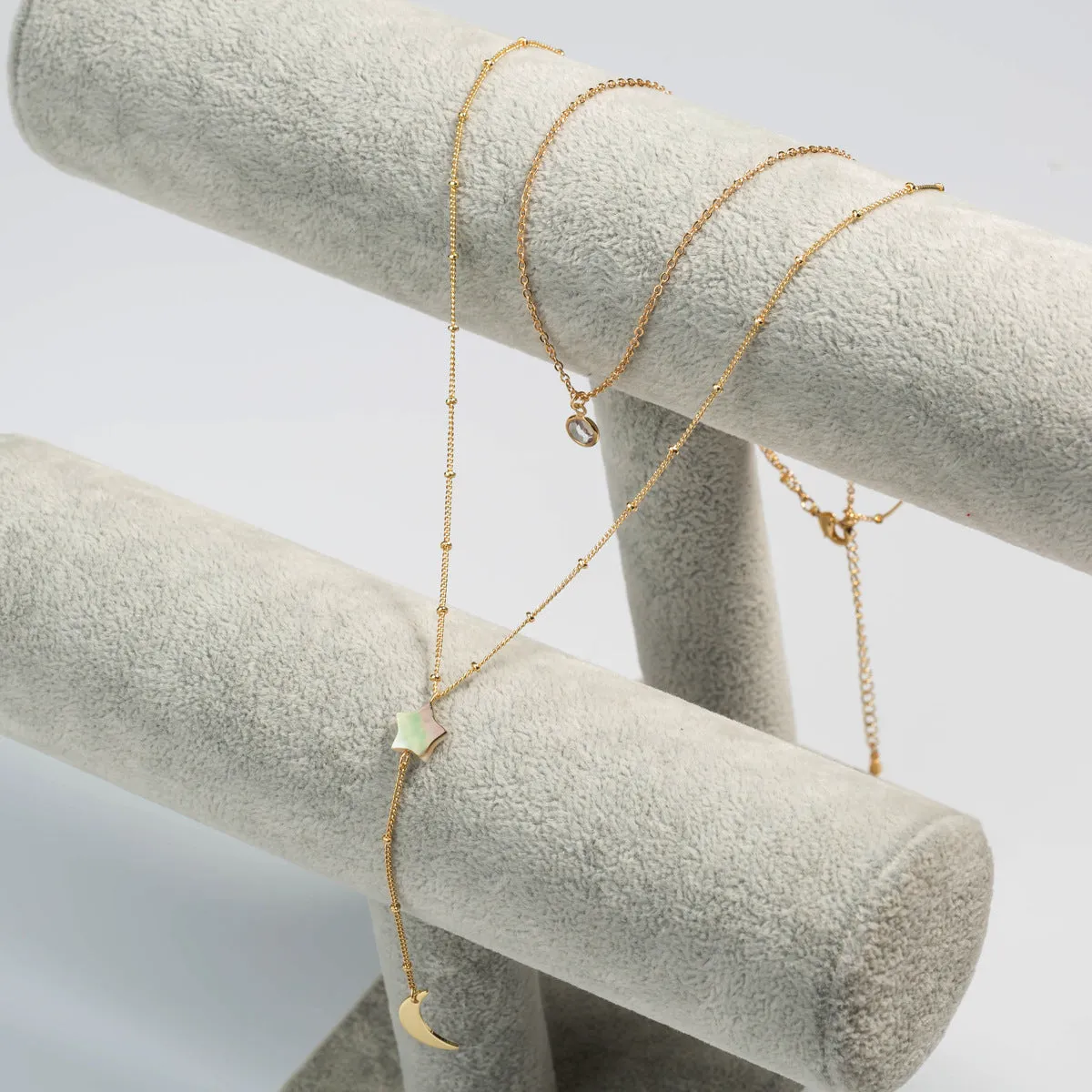 Cubic Zirconia & Shell 18K Gold-Plated Celestial Layered Lariat Necklace