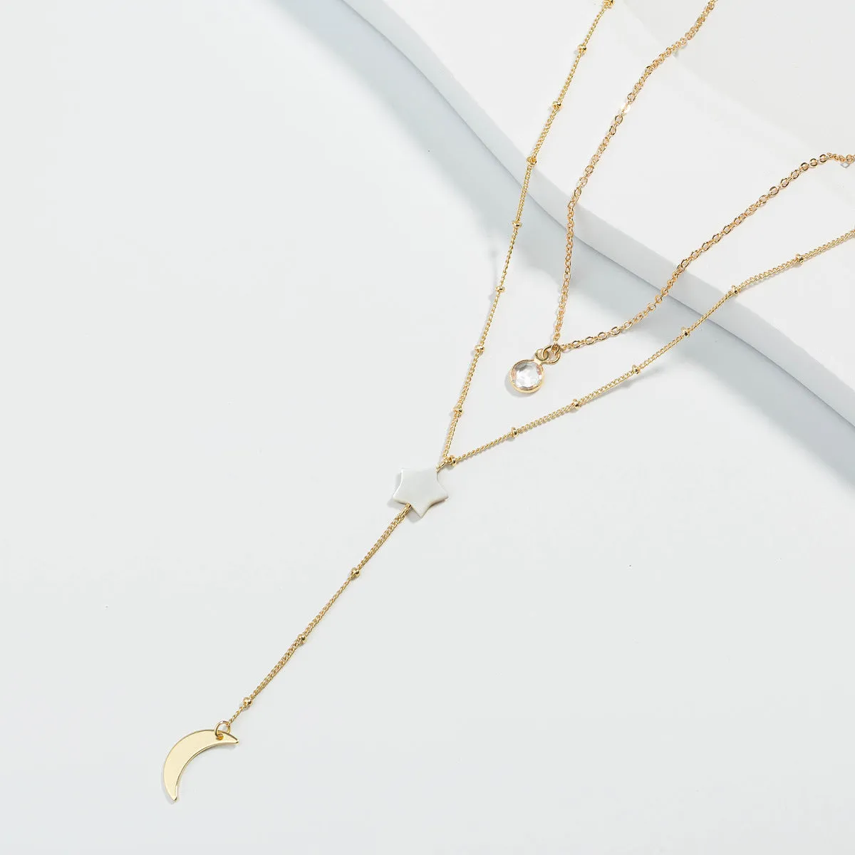 Cubic Zirconia & Shell 18K Gold-Plated Celestial Layered Lariat Necklace
