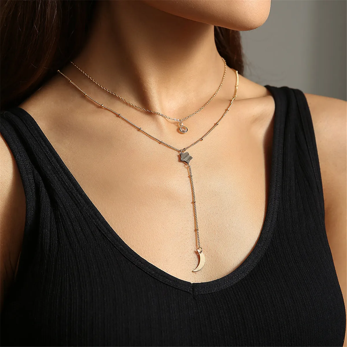 Cubic Zirconia & Shell 18K Gold-Plated Celestial Layered Lariat Necklace