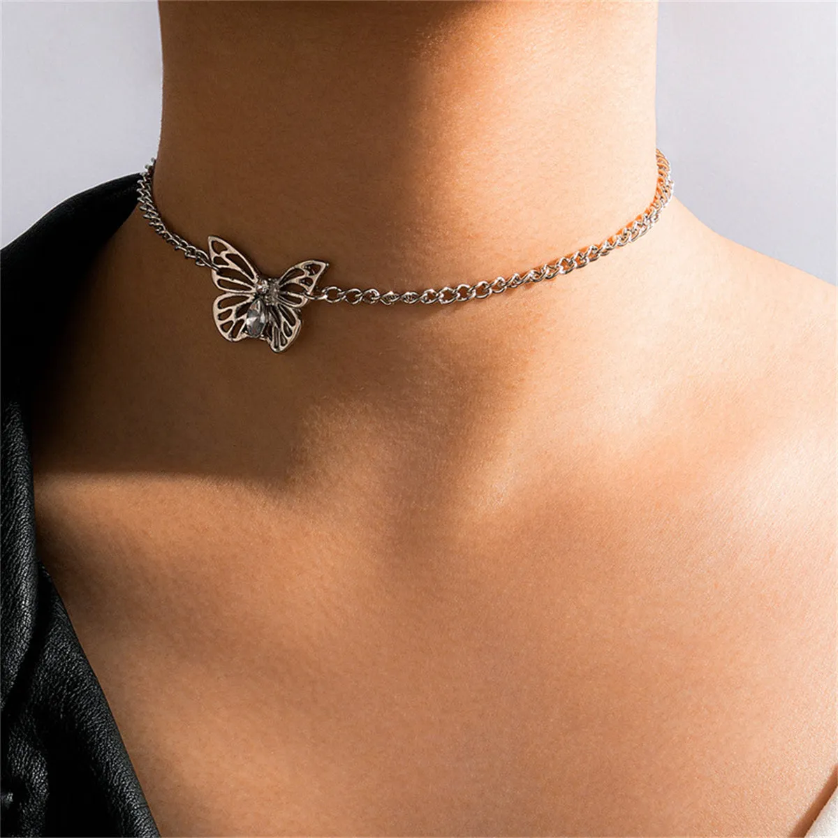 Cubic Zirconia & Silver-Plated Butterfly Choker