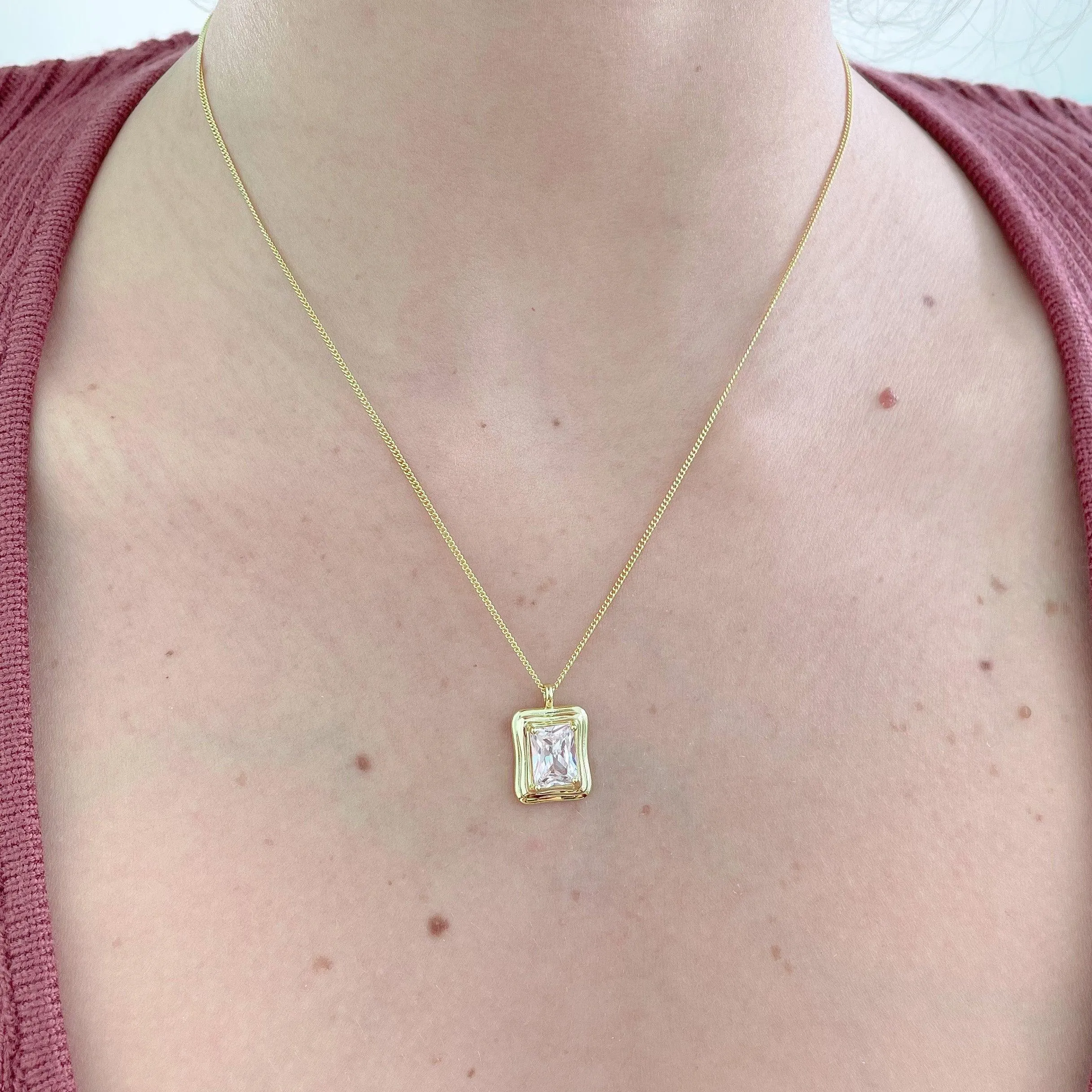 Cubic Zirconia Rectangle Pendant Necklace | Sterling Silver & Gold