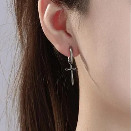 Customizable Men's Cross Hoop Earrings in Titanium Steel