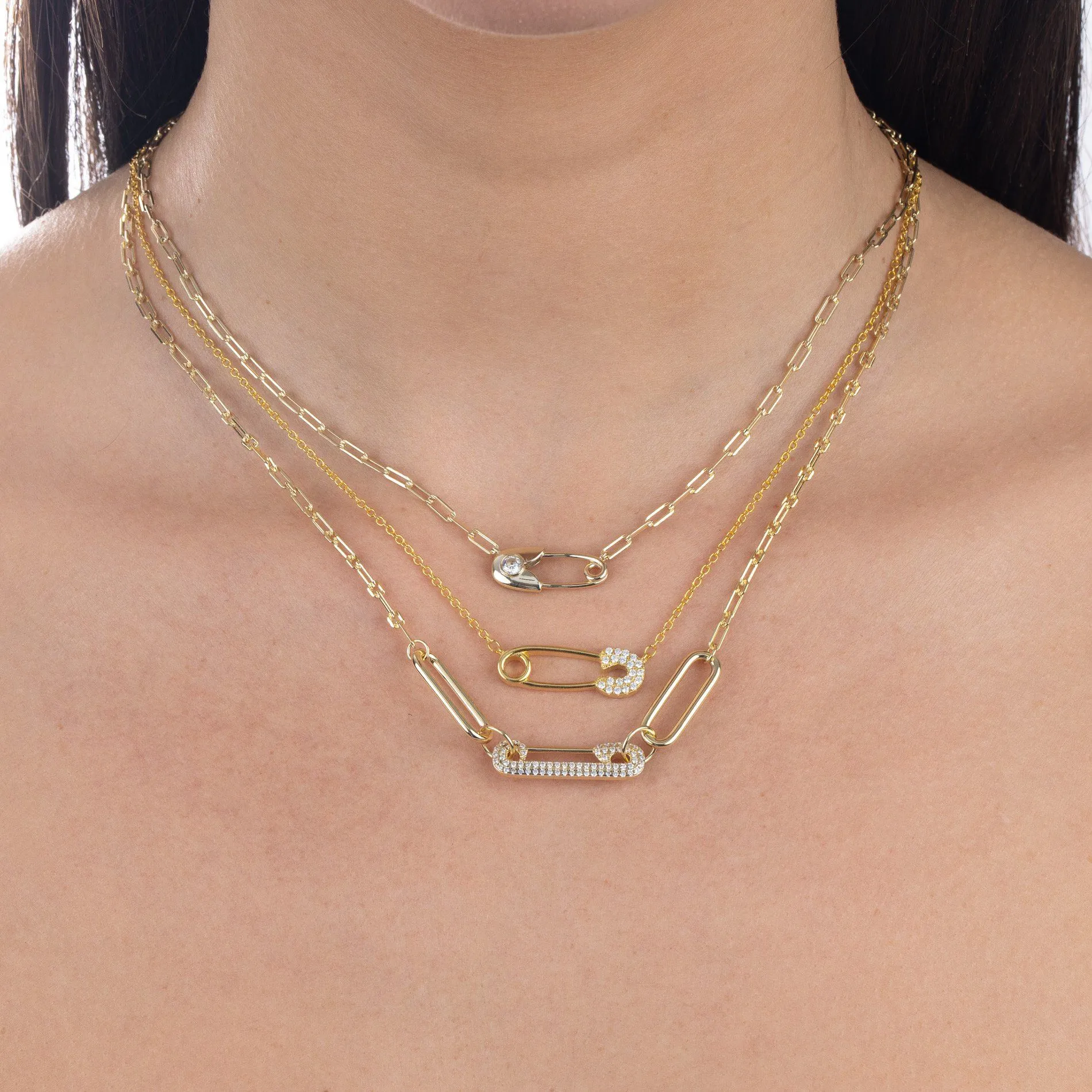 CZ Safety Pin Link Necklace