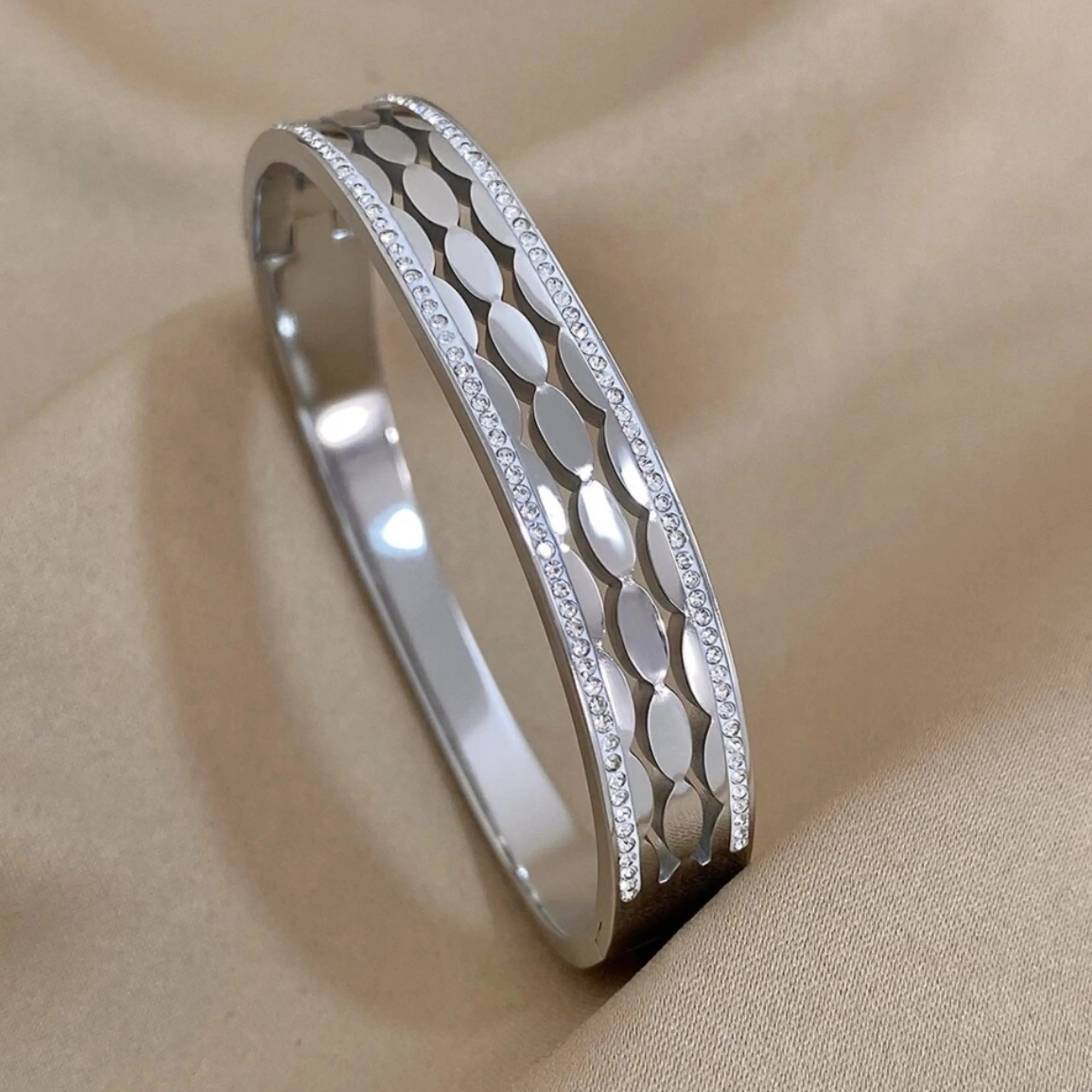 CZ Three Rows Stainless Steel Bangle Bracelet - Gold and Silver.