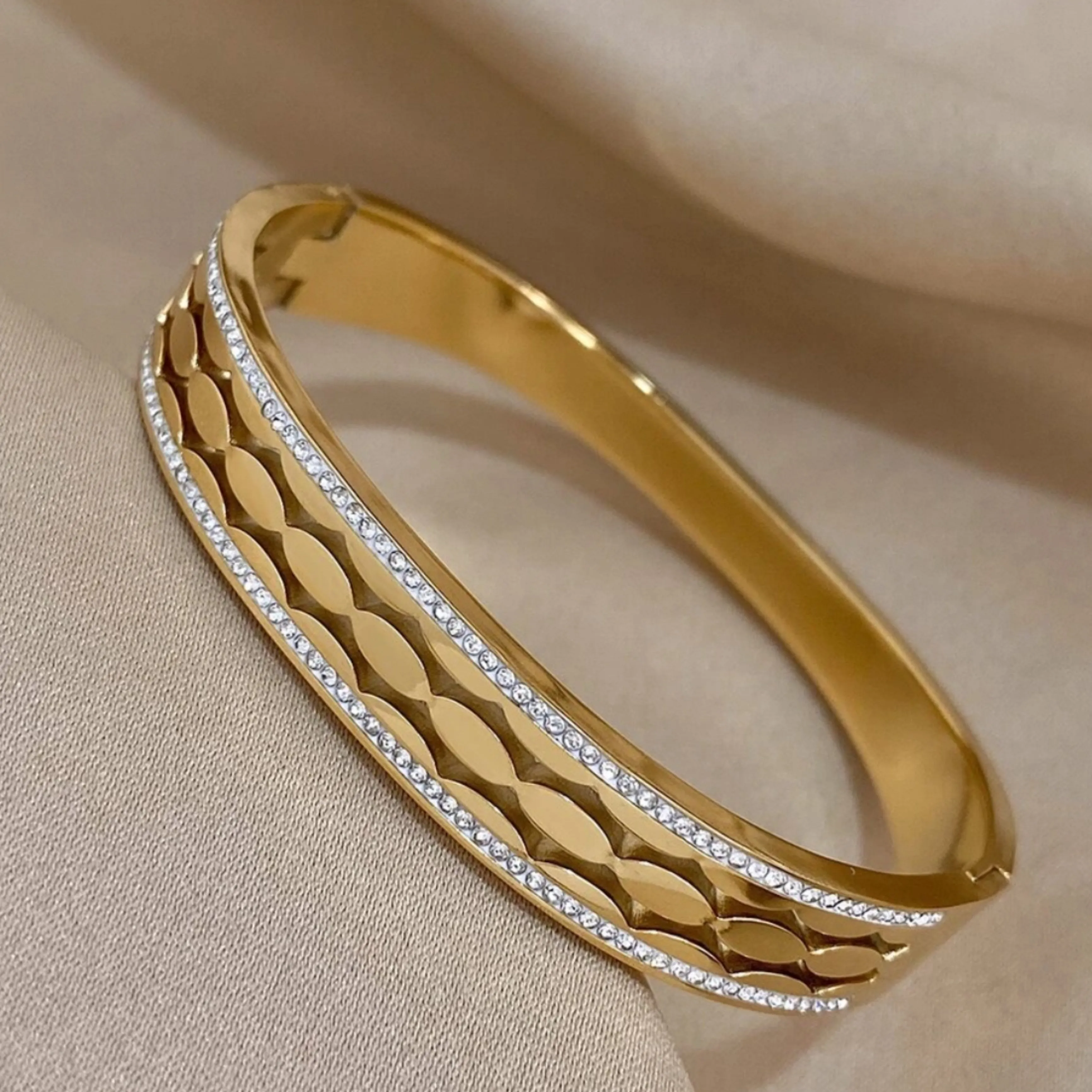 CZ Three Rows Stainless Steel Bangle Bracelet - Gold and Silver.