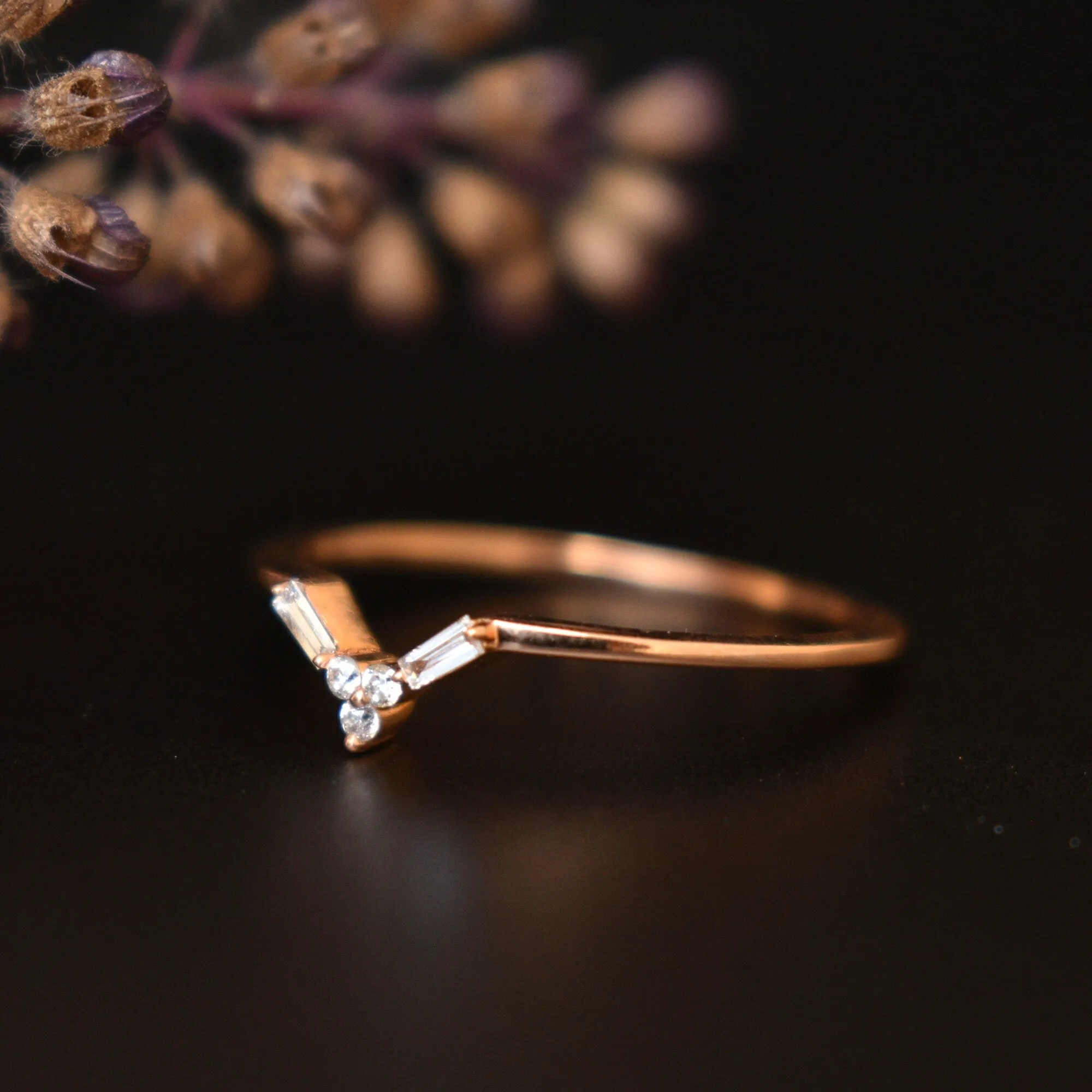 Dainty Chevron Nesting Ring With Round Baguette Diamond