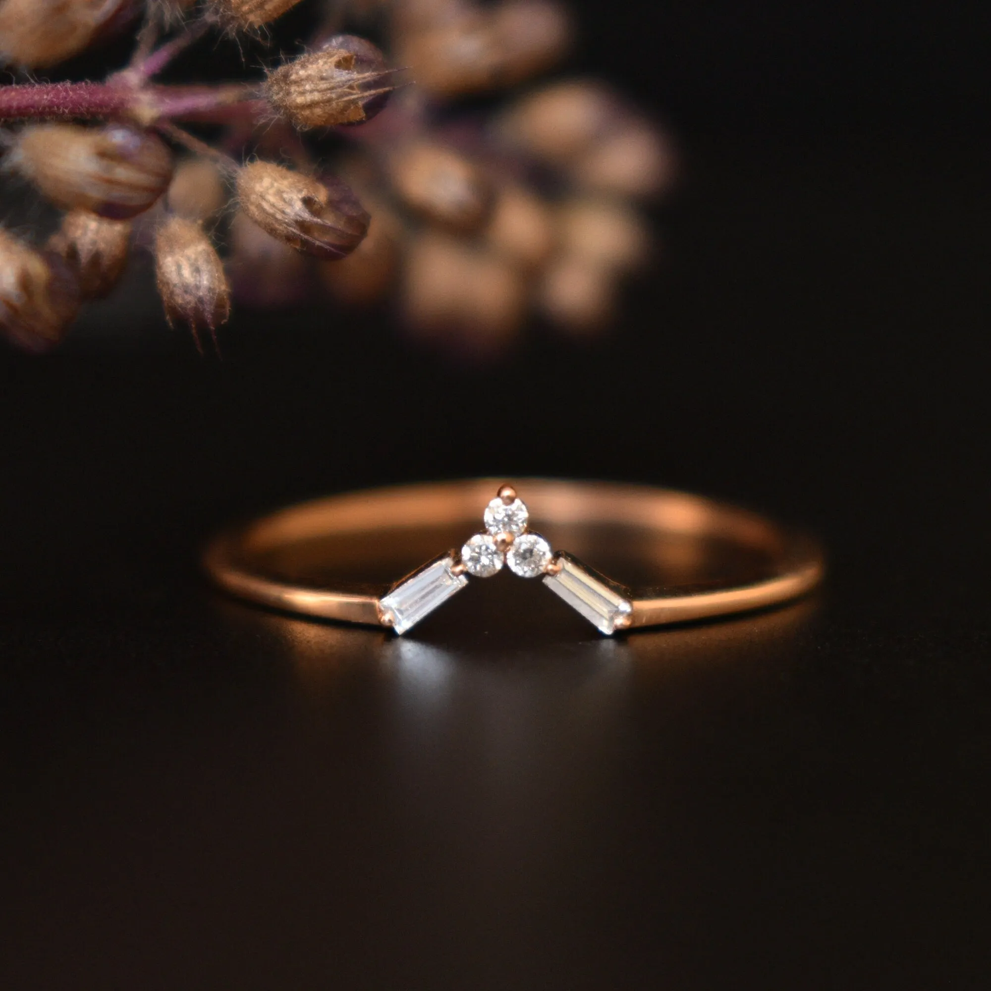 Dainty Chevron Nesting Ring With Round Baguette Diamond