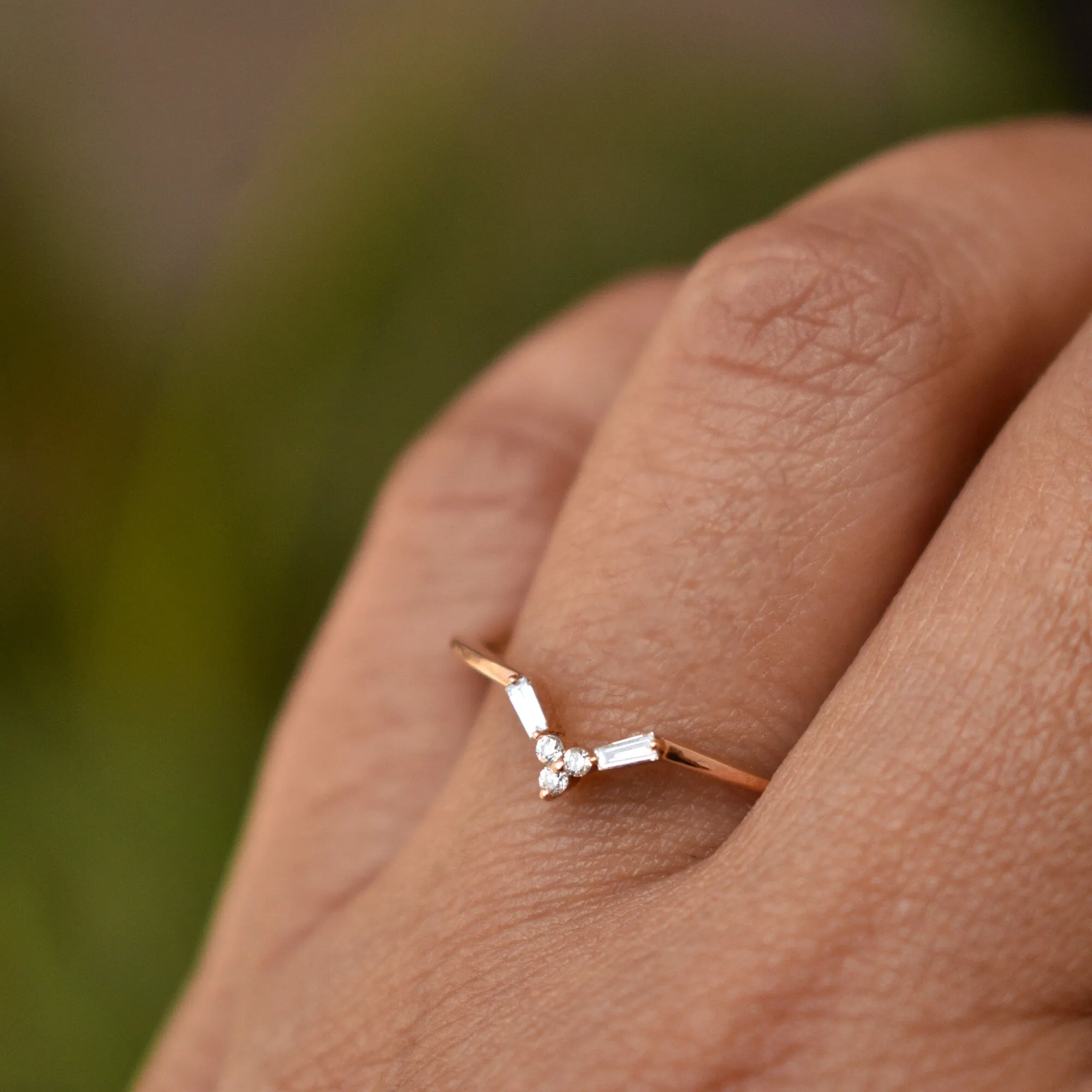 Dainty Chevron Nesting Ring With Round Baguette Diamond