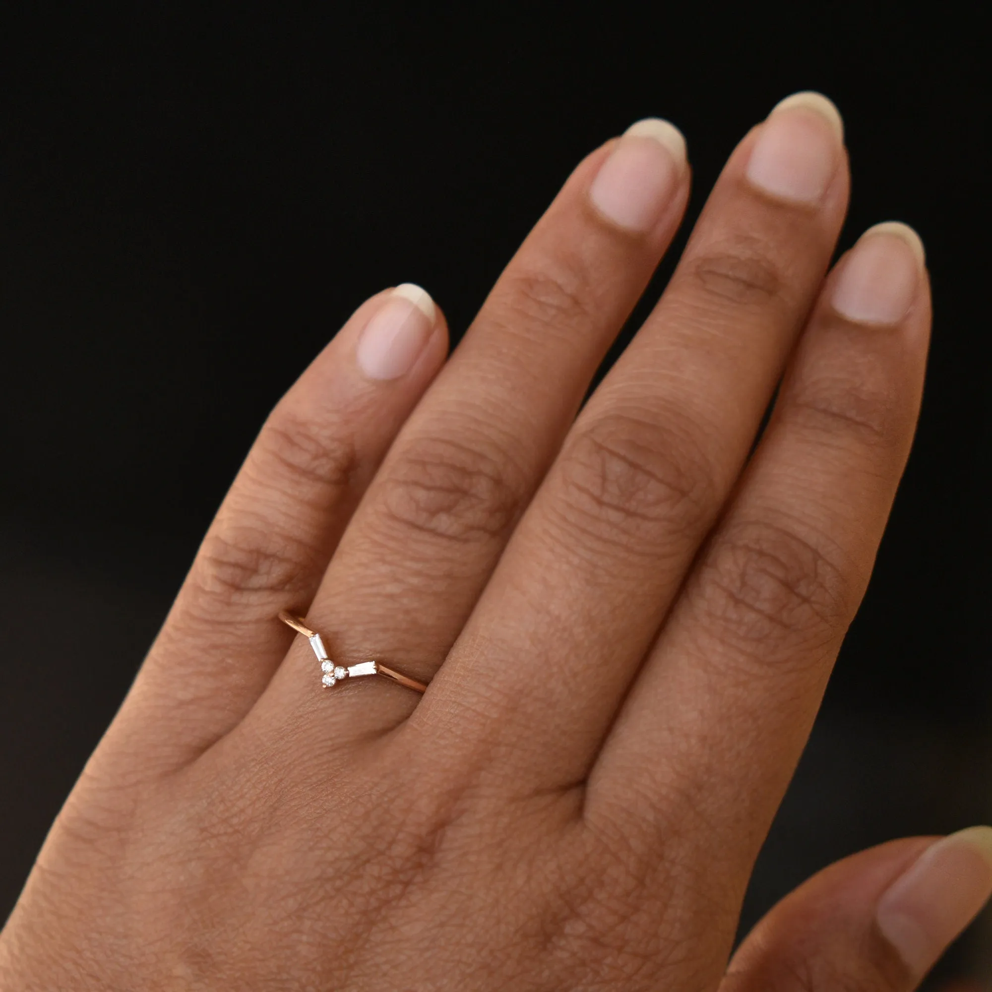 Dainty Chevron Nesting Ring With Round Baguette Diamond