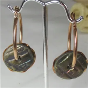 Dark Green Luster Handmade Earrings Raku Glaze Copper Hoops