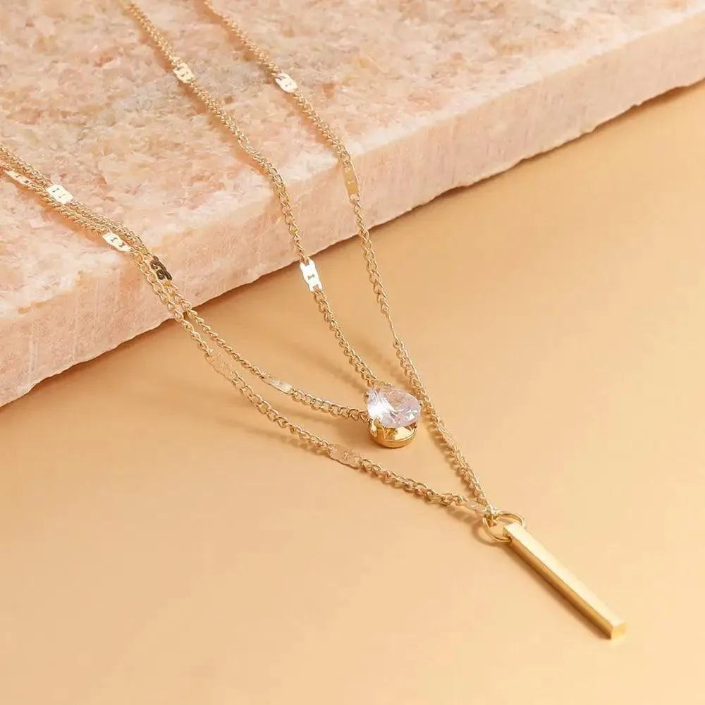 Dazzling Simple Crystal Geometric Gold Pendant Necklace Set for Women And Girls Female Vintage Jewelry