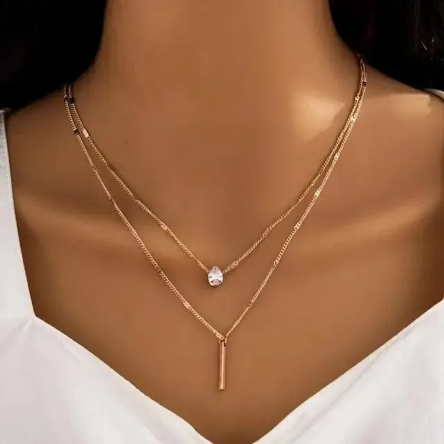 Dazzling Simple Crystal Geometric Gold Pendant Necklace Set for Women And Girls Female Vintage Jewelry
