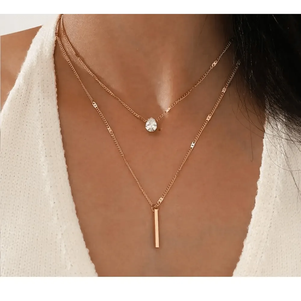 Dazzling Simple Crystal Geometric Gold Pendant Necklace Set for Women And Girls Female Vintage Jewelry