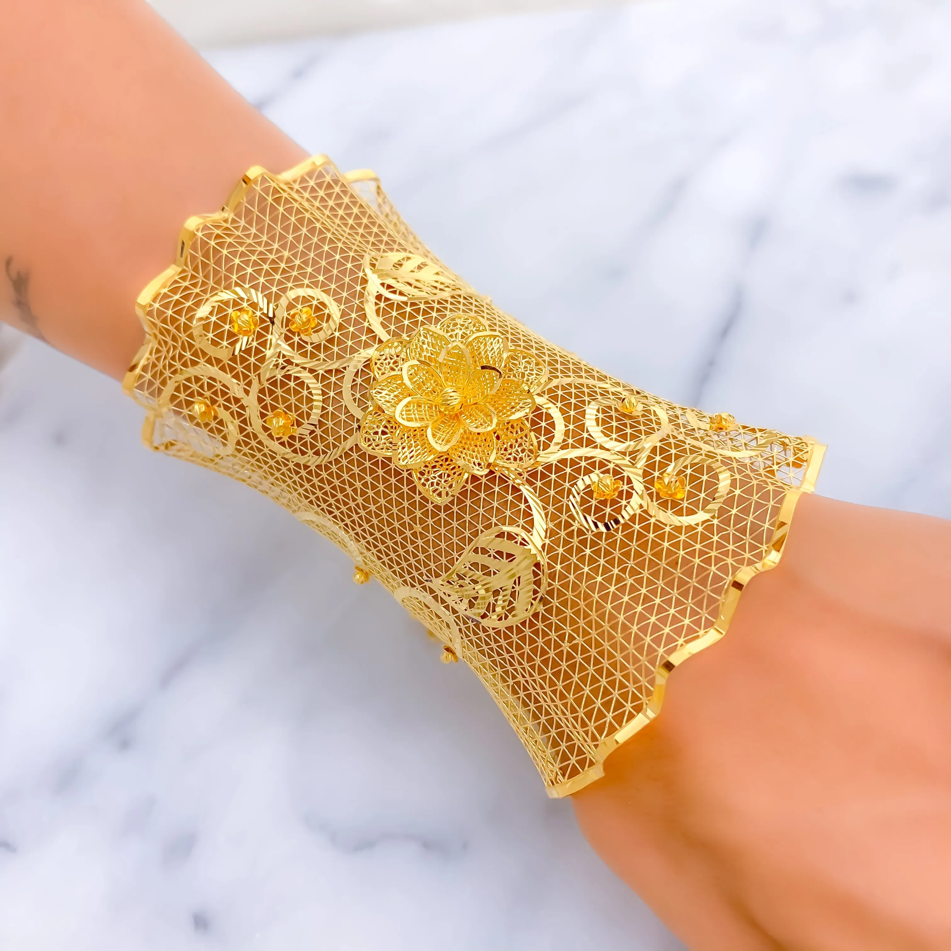 Decadent Netted Floral Vine 21K Gold Bangle Bracelet