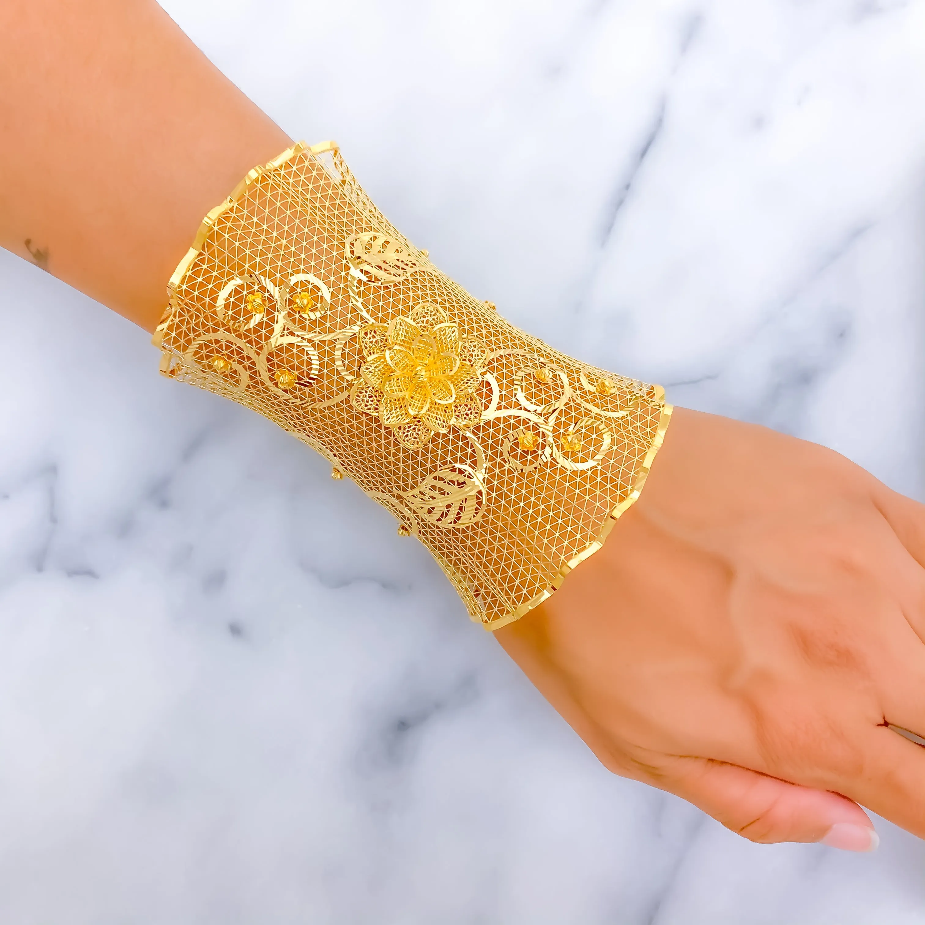 Decadent Netted Floral Vine 21K Gold Bangle Bracelet