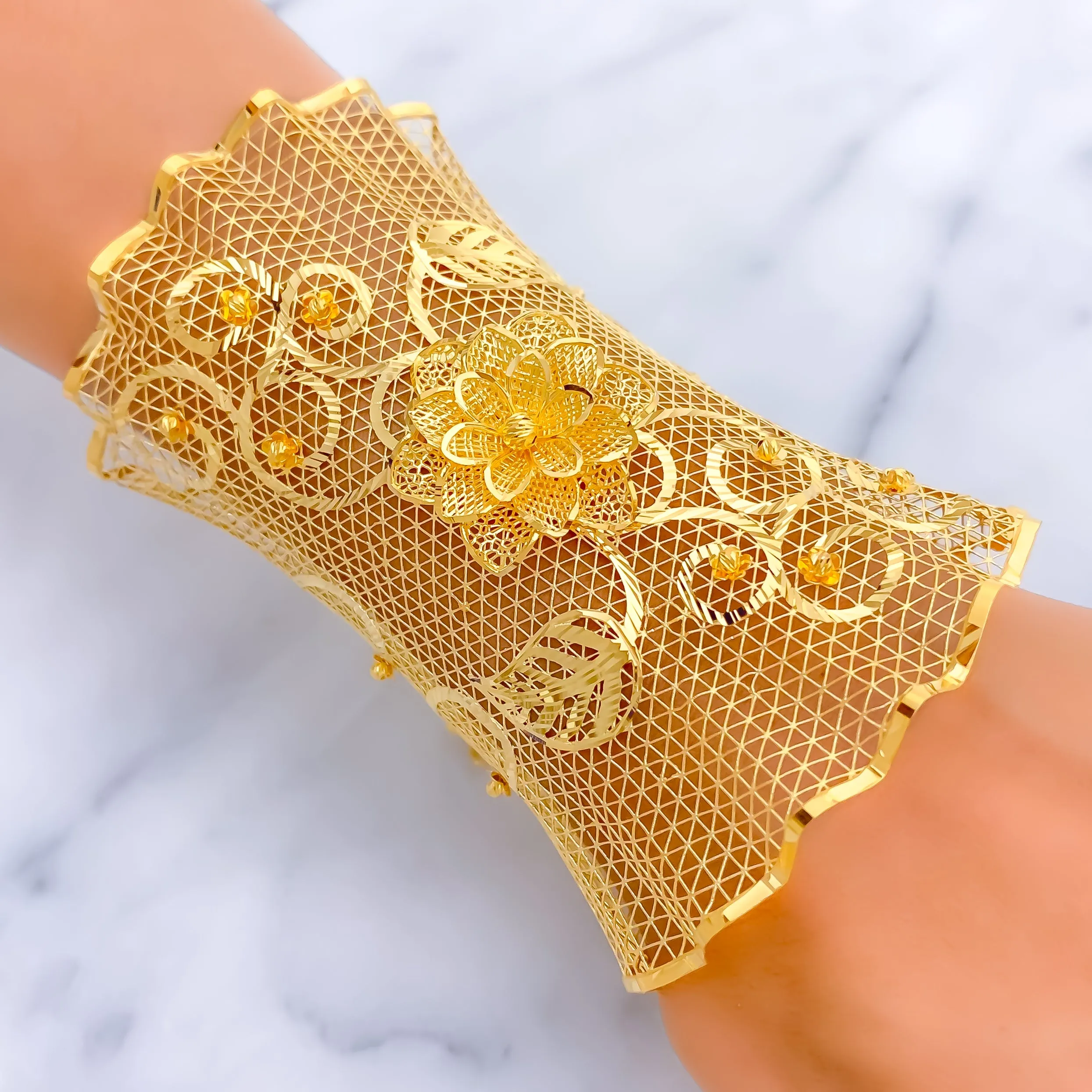 Decadent Netted Floral Vine 21K Gold Bangle Bracelet