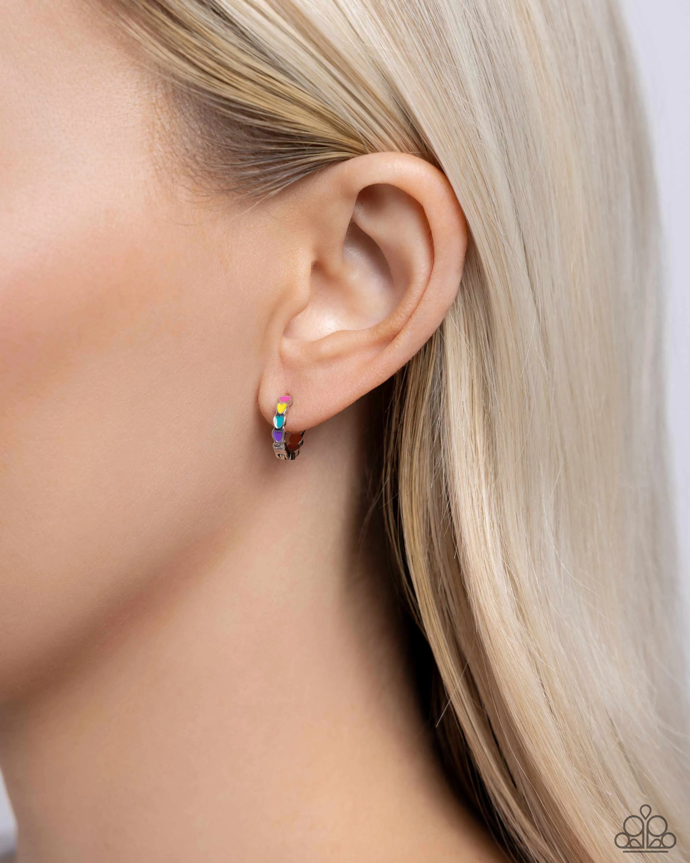 Delicate Dalliance - Multi - Colorful Heart Paparazzi Hinge Hoop Earrings