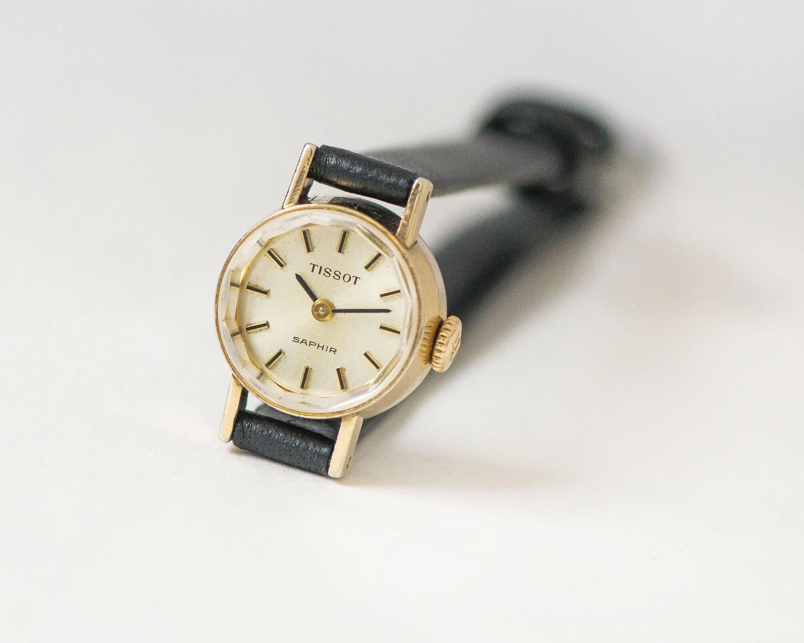 Delicate women's watch Tissot Saphir gold plated, chic lady wristwatch vintage, micro-watch lady jewelry gift classic, premium leather band