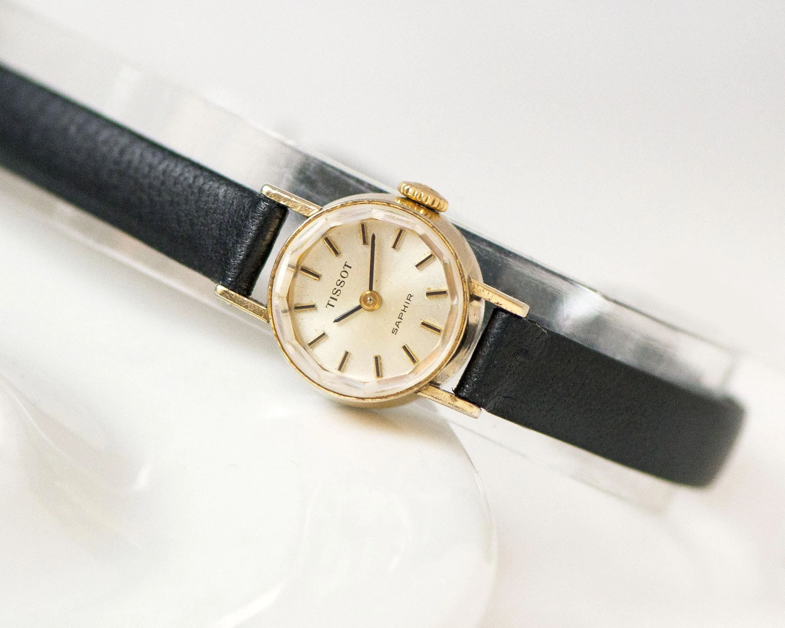 Delicate women's watch Tissot Saphir gold plated, chic lady wristwatch vintage, micro-watch lady jewelry gift classic, premium leather band